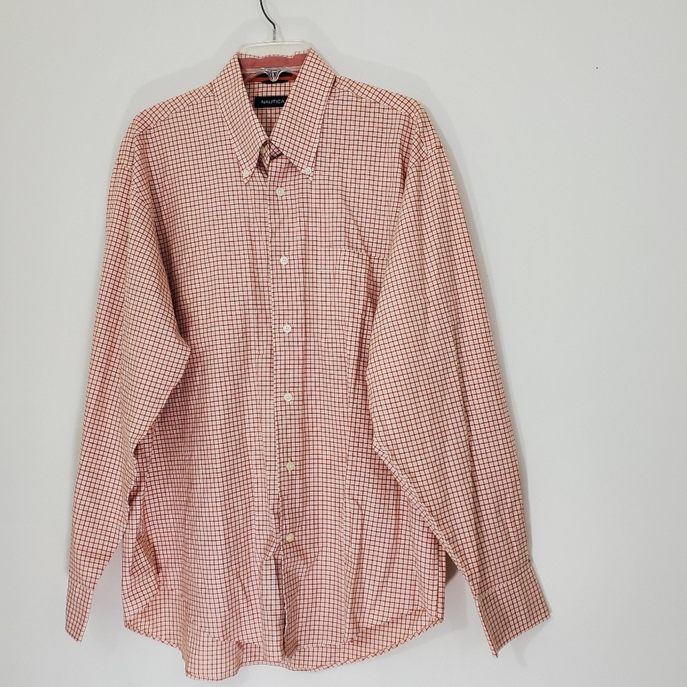 Nautica Men's Red/Burnt Orange 100% Cotton Checkered Shirt, Size Large